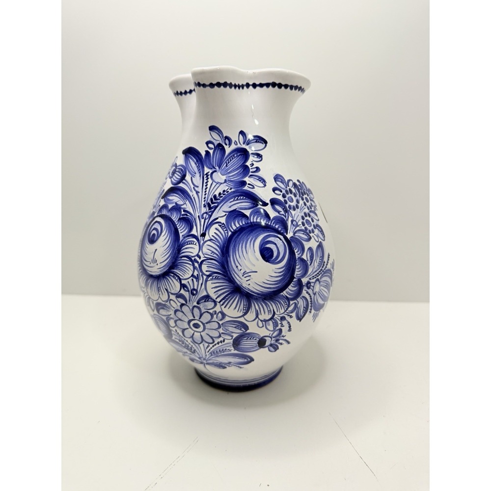 Vintage Luxor Bohemia Pitcher‎ Vase Hand Painted Blue Floral Czech Republic 9"